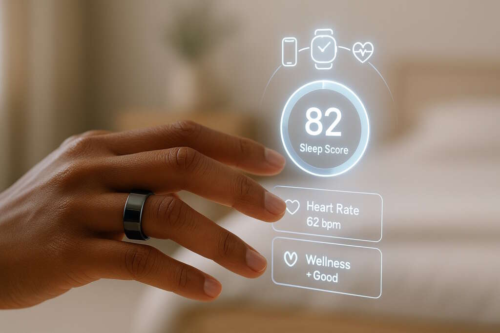 a hands wearing a smart ring with hologram