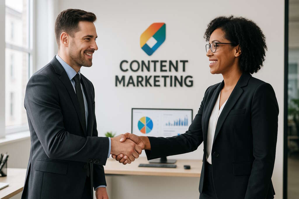 content marketing word in the background with two people shaking hands