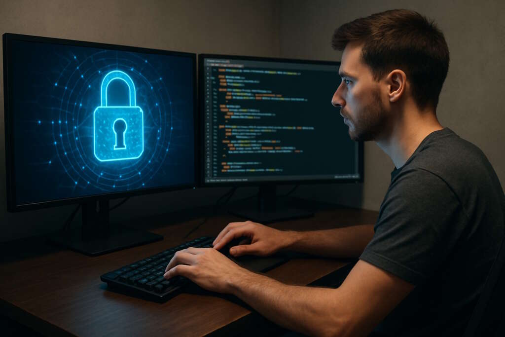 a man coding in front of a monitor with security lock logo