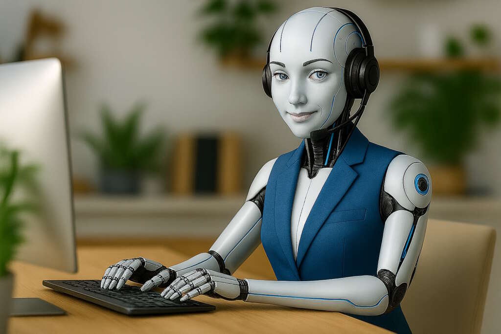 an agent robot AI working in front of a computer