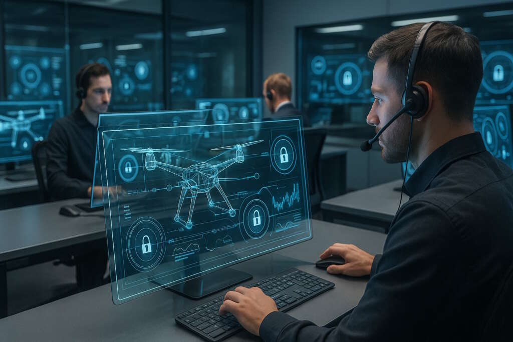 a man in front of a monitor with drone hologram