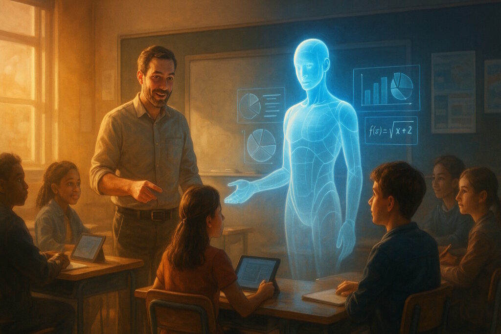 a man standing in front of kids with hologram