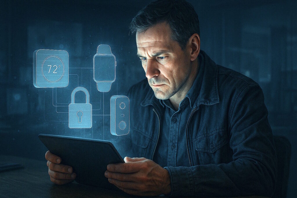 a man lookin on a tablet