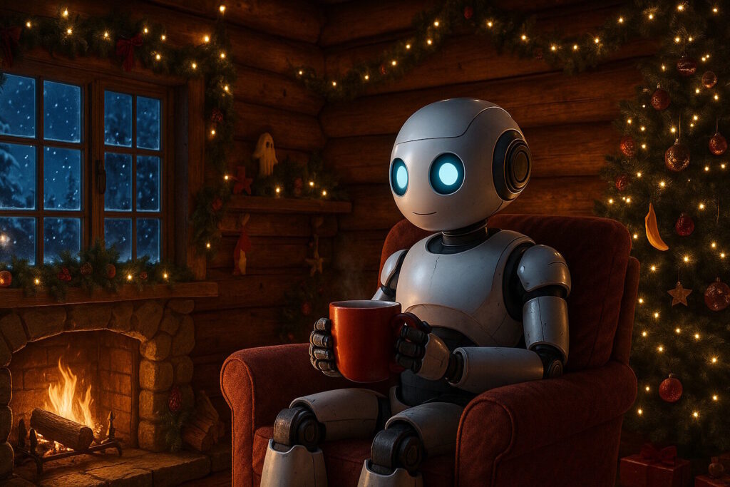 a robot sitting in while holding a cup