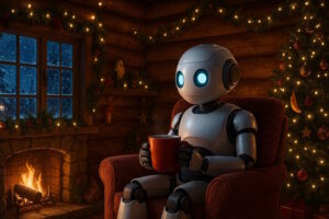 a robot sitting in while holding a cup