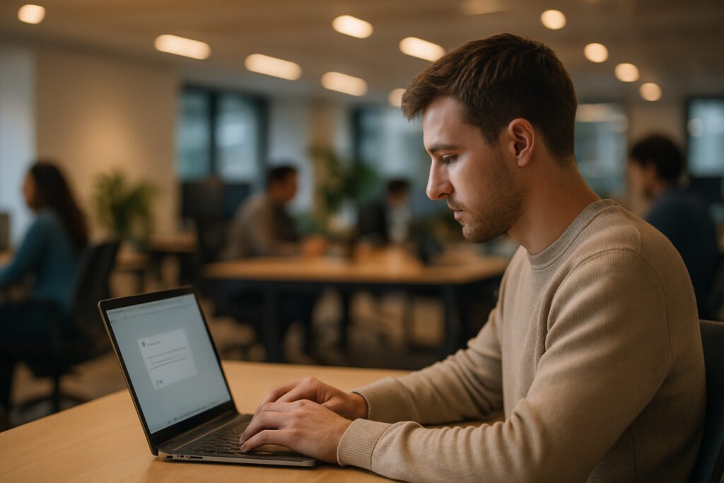 Candid photo of an office worker at a hot desk using a laptop; a blurred generic AI chat is on screen with colleagues out of focus behind.