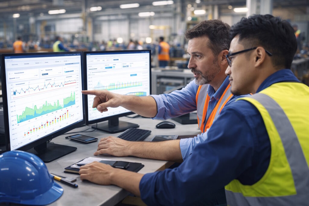 two man in front of a monitor with graph