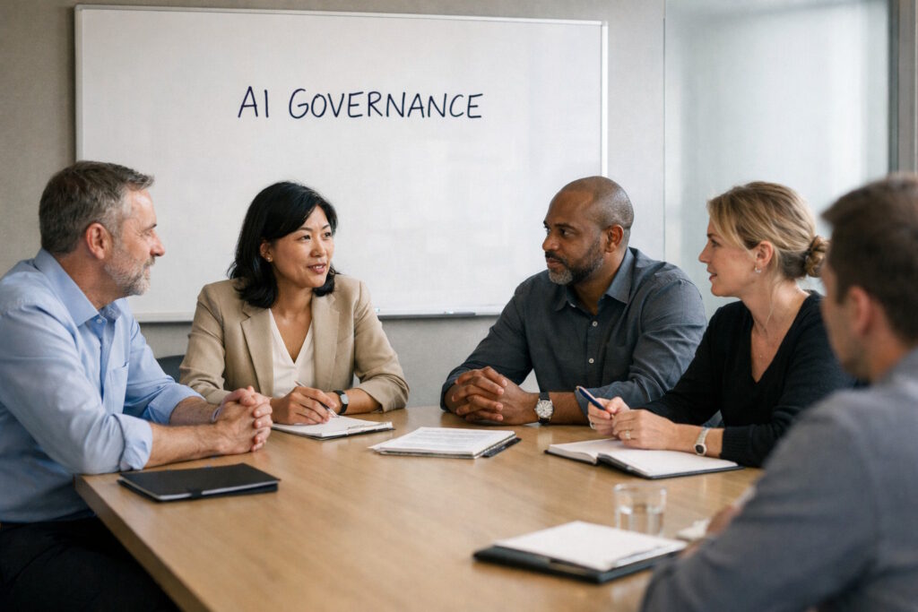 people having a meeting with AI governance word in the background
