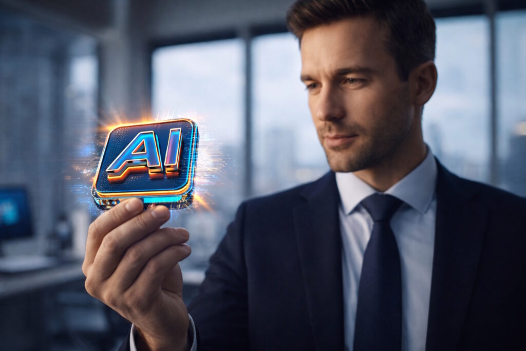 a man holding a word AI