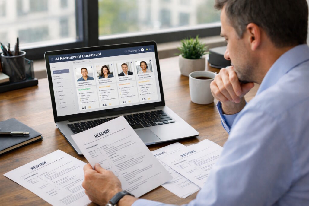a man in front of a laptop with AI recruitment dashboard word