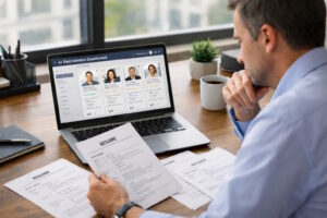 a man in front of a laptop with AI recruitment dashboard word