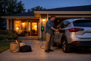a man chargin an electric vehicle