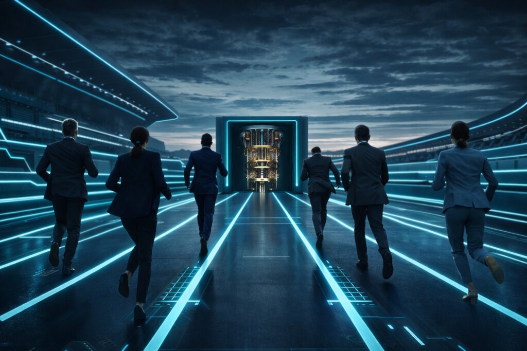 people running towards a quantum computer
