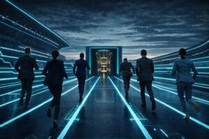 people running towards a quantum computer