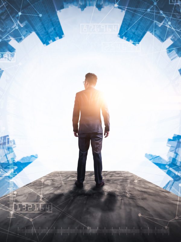 The double exposure image of the business man standing back duri